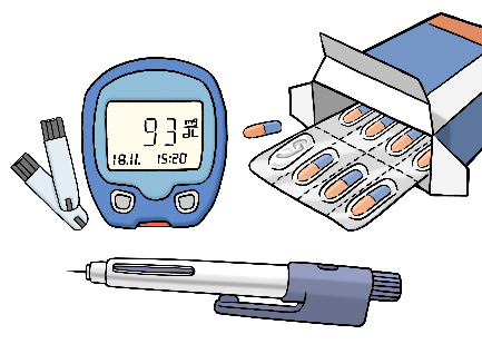 Tabletten, ein Blutzuckerspiegelmessgerät und eine Stechhilfe